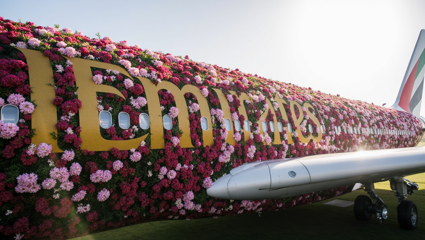 close up capturing the floral covered Emirates a380